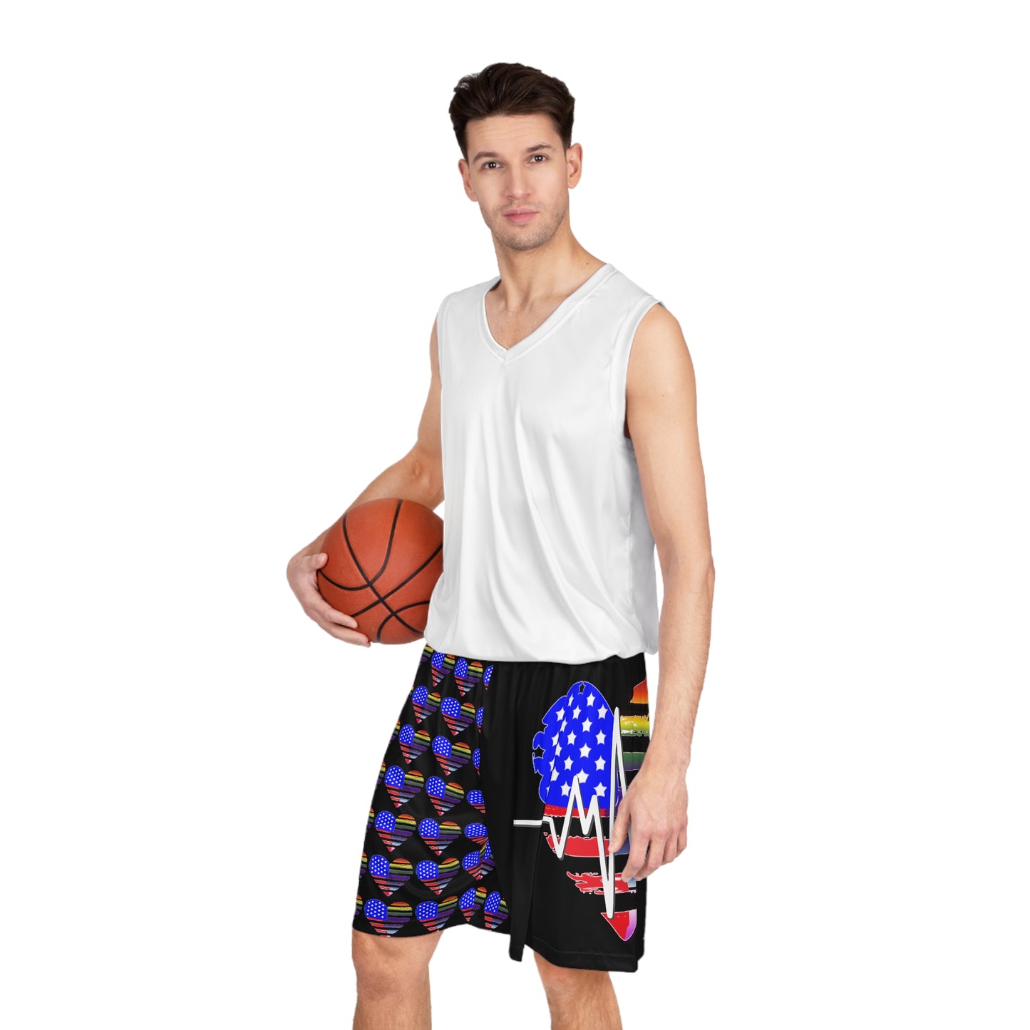 USA/LGBTQ+ Heart Basketball Shorts - Black