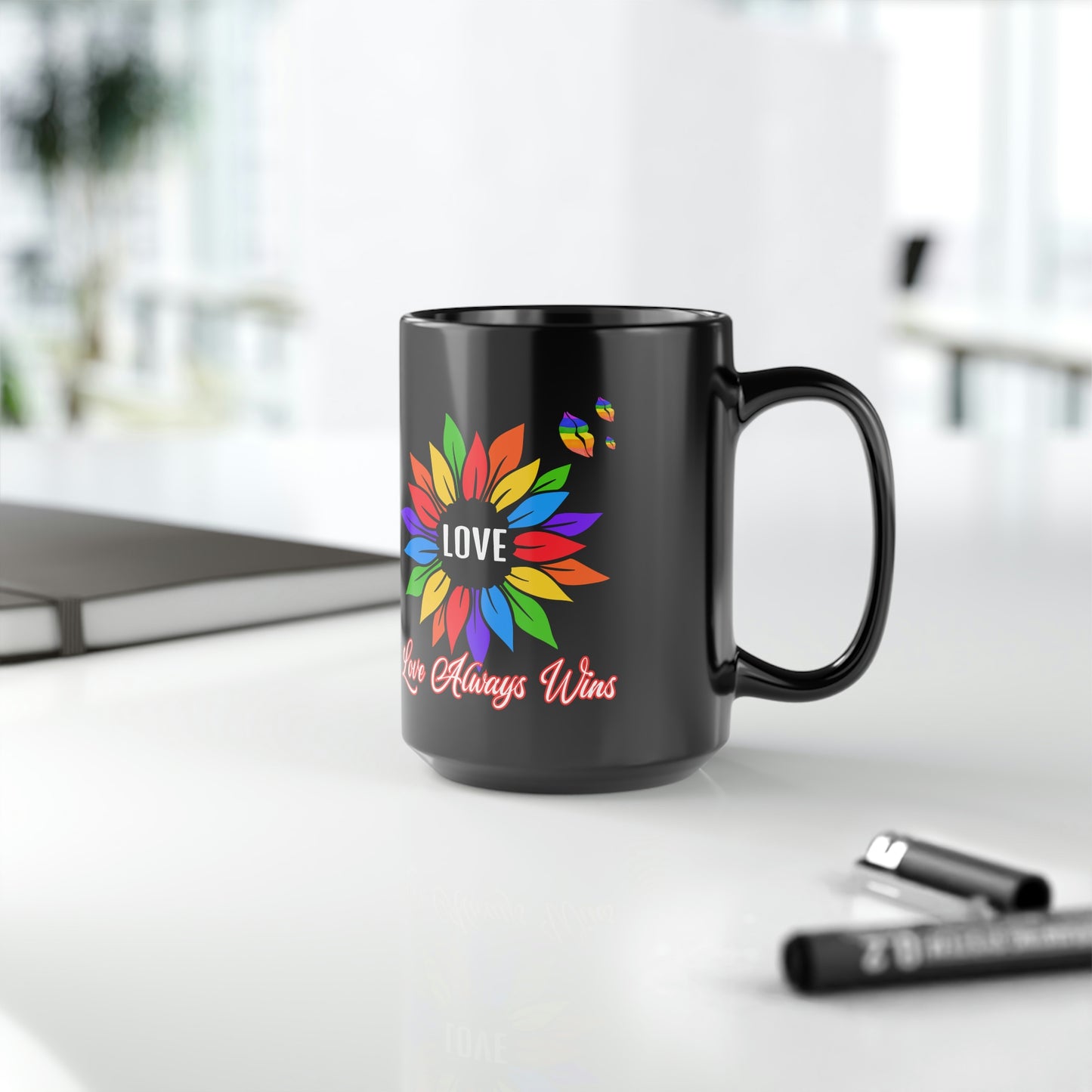 Love Always Wins - Traditional Rainbow - Black Mug, 15oz