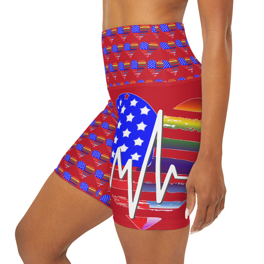 USA/LGBTQ+ Heart - High Waist Yoga Shorts