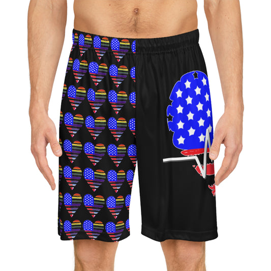 USA/LGBTQ+ Heart Basketball Shorts - Black