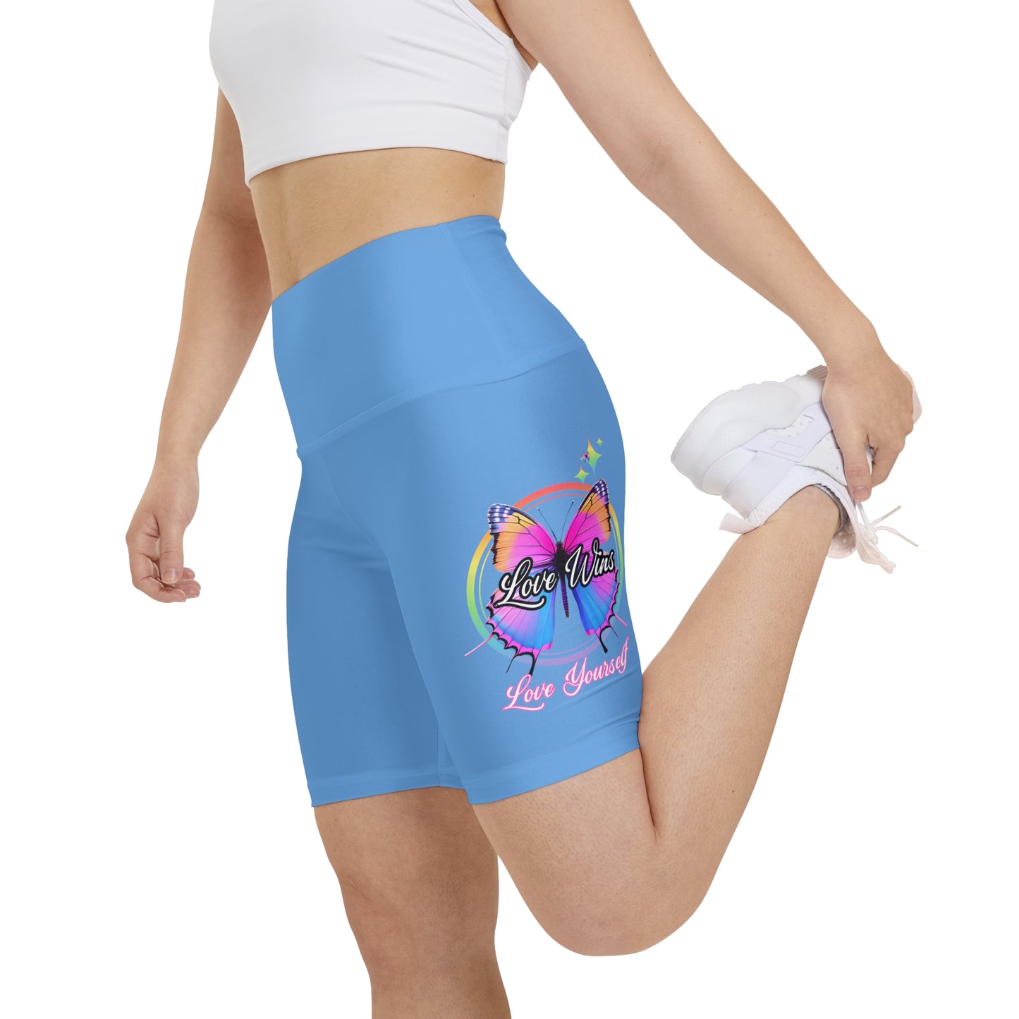 Butterfly Love Yourself High Waist Yoga Shorts (AOP) - Light BLue