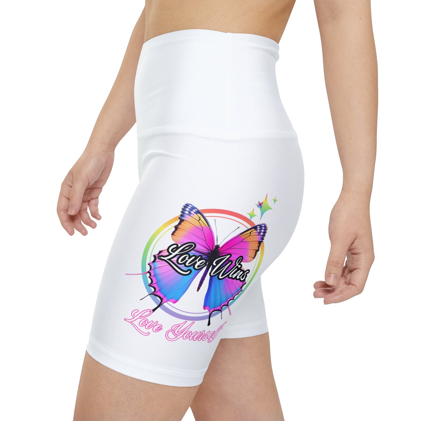 Butterfly Love Yourself High Waist Yoga Shorts (AOP) - White