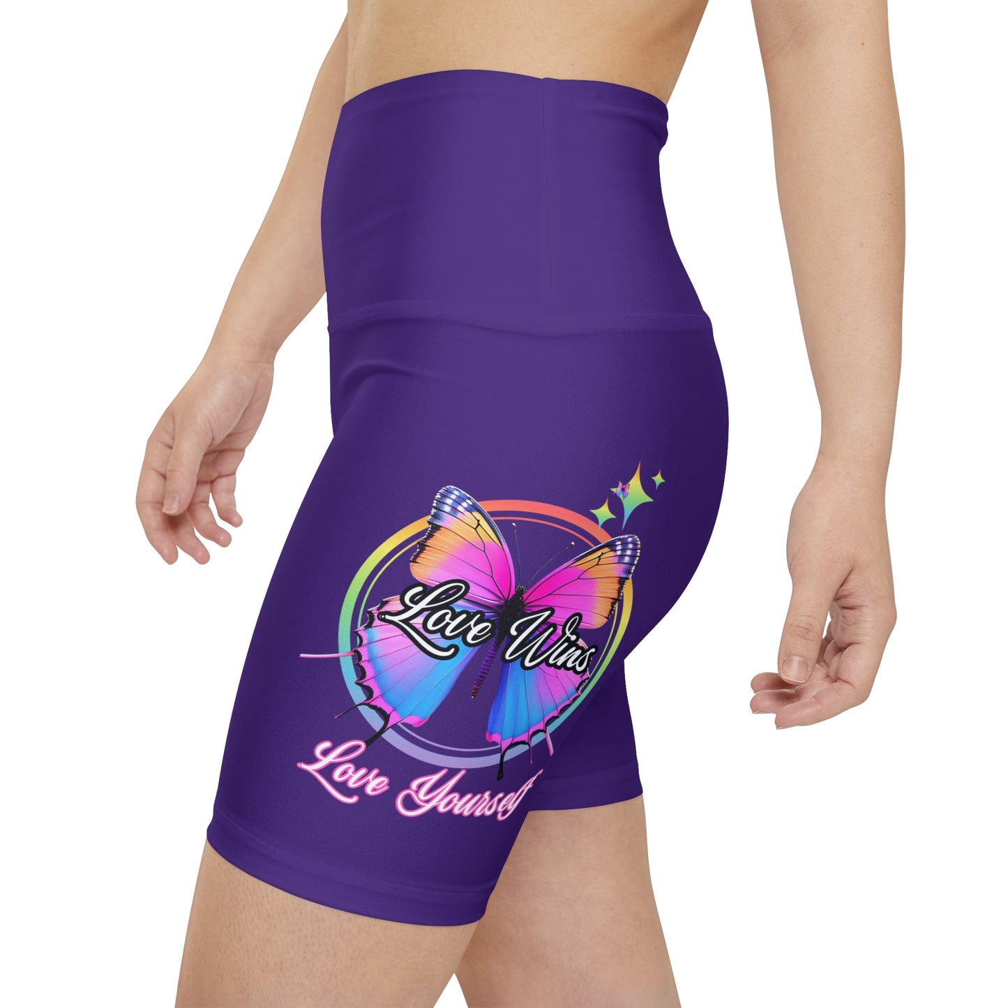 Butterfly Love Yourself High Waist Yoga Shorts (AOP) - Purple