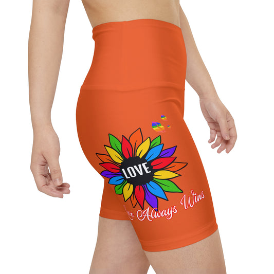 Love Always Wins High Waist Yoga Shorts (AOP) - Orange