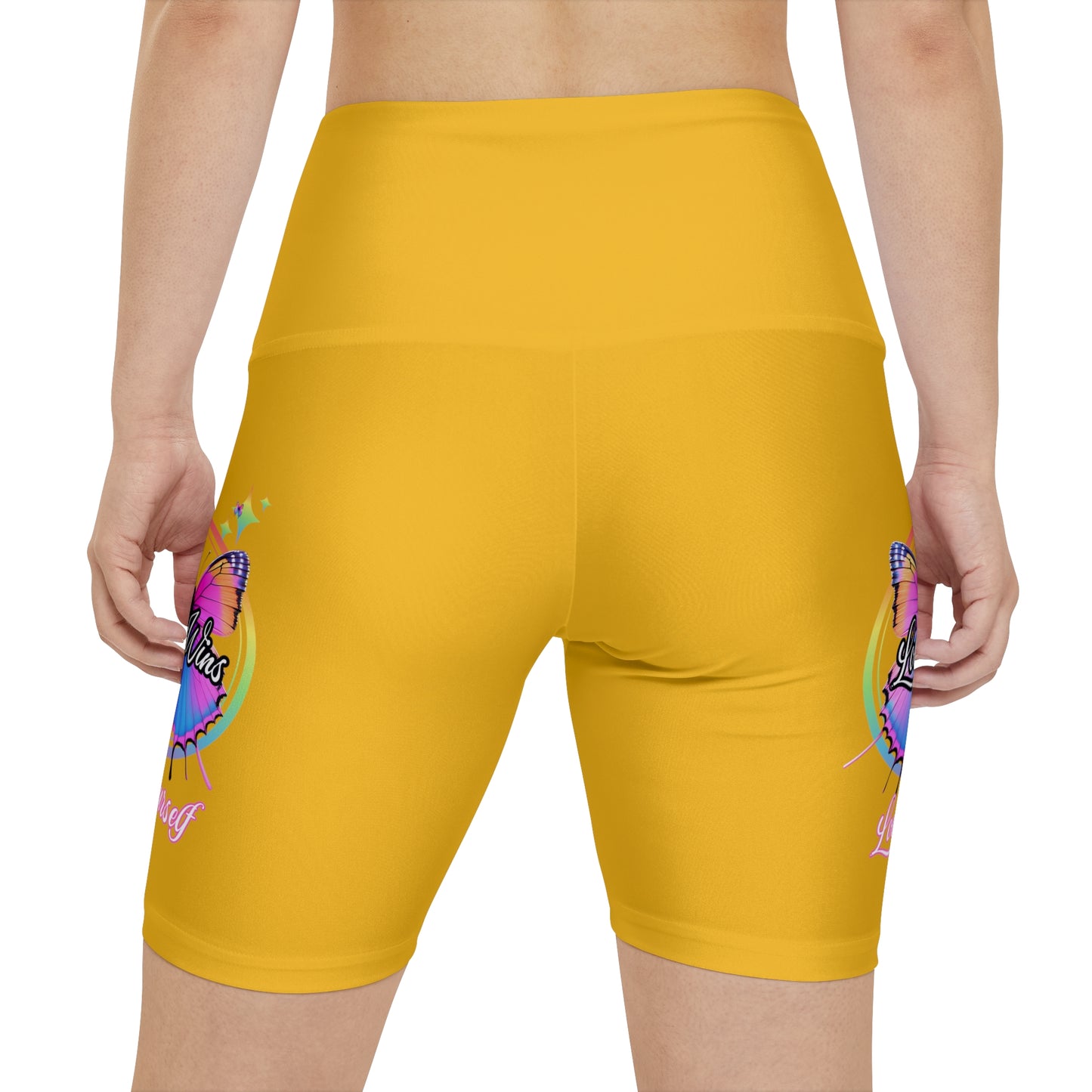 Butterfly Love Yourself High Waist Yoga Shorts (AOP) - Yellow