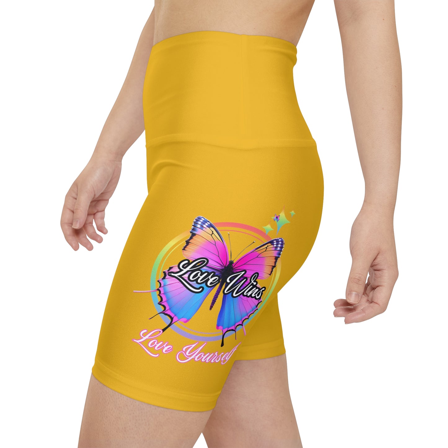 Butterfly Love Yourself High Waist Yoga Shorts (AOP) - Yellow