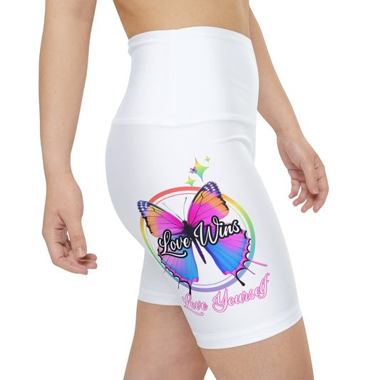 Butterfly Love Yourself High Waist Yoga Shorts (AOP) - White