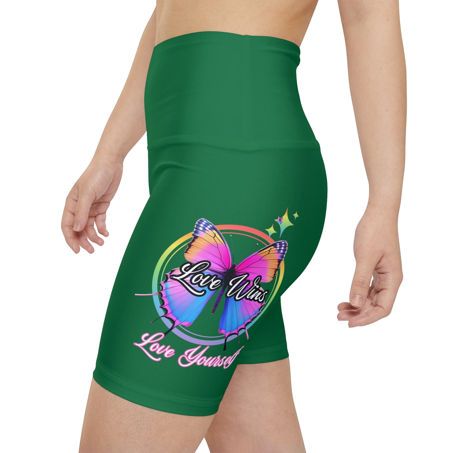 Butterfly Love Yourself High Waist Yoga Shorts (AOP) - Green