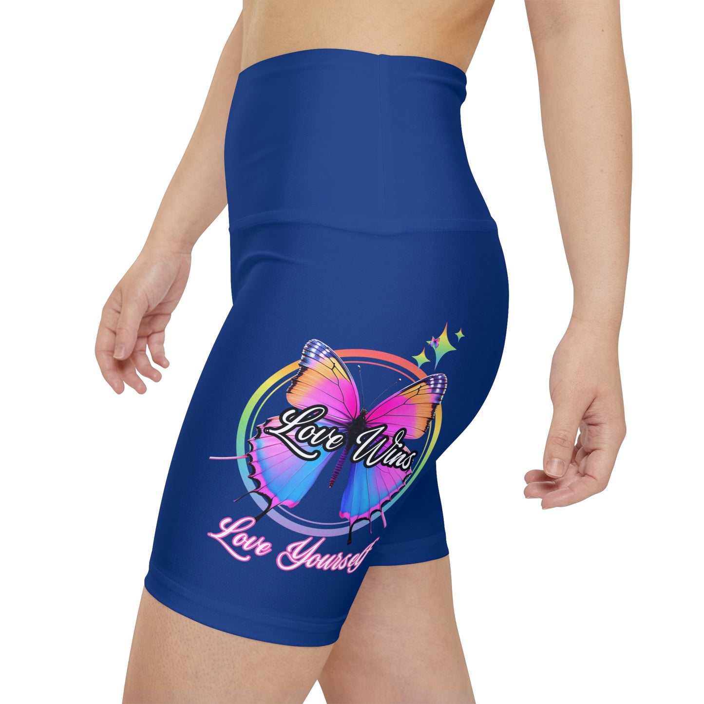 Butterfly Love Yourself High Waist Yoga Shorts (AOP) - Blue