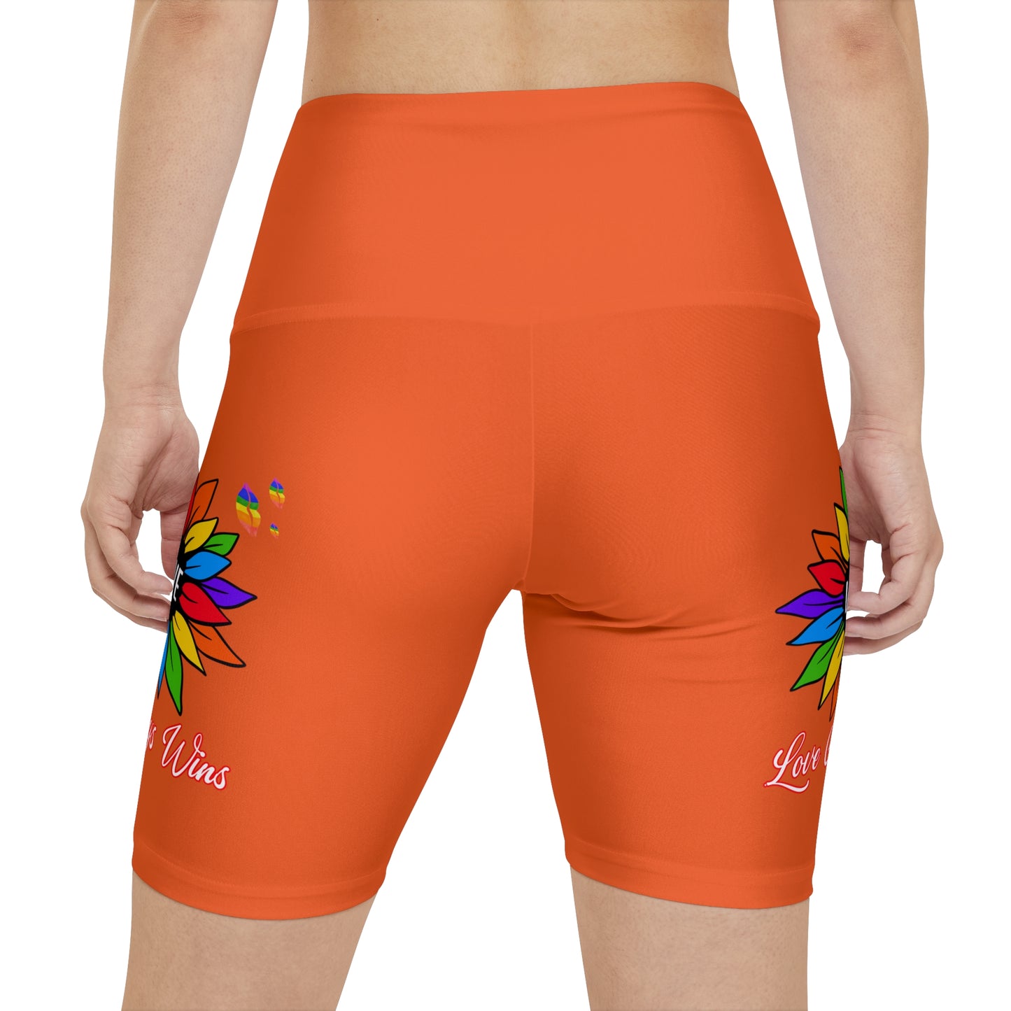 Love Always Wins High Waist Yoga Shorts (AOP) - Orange