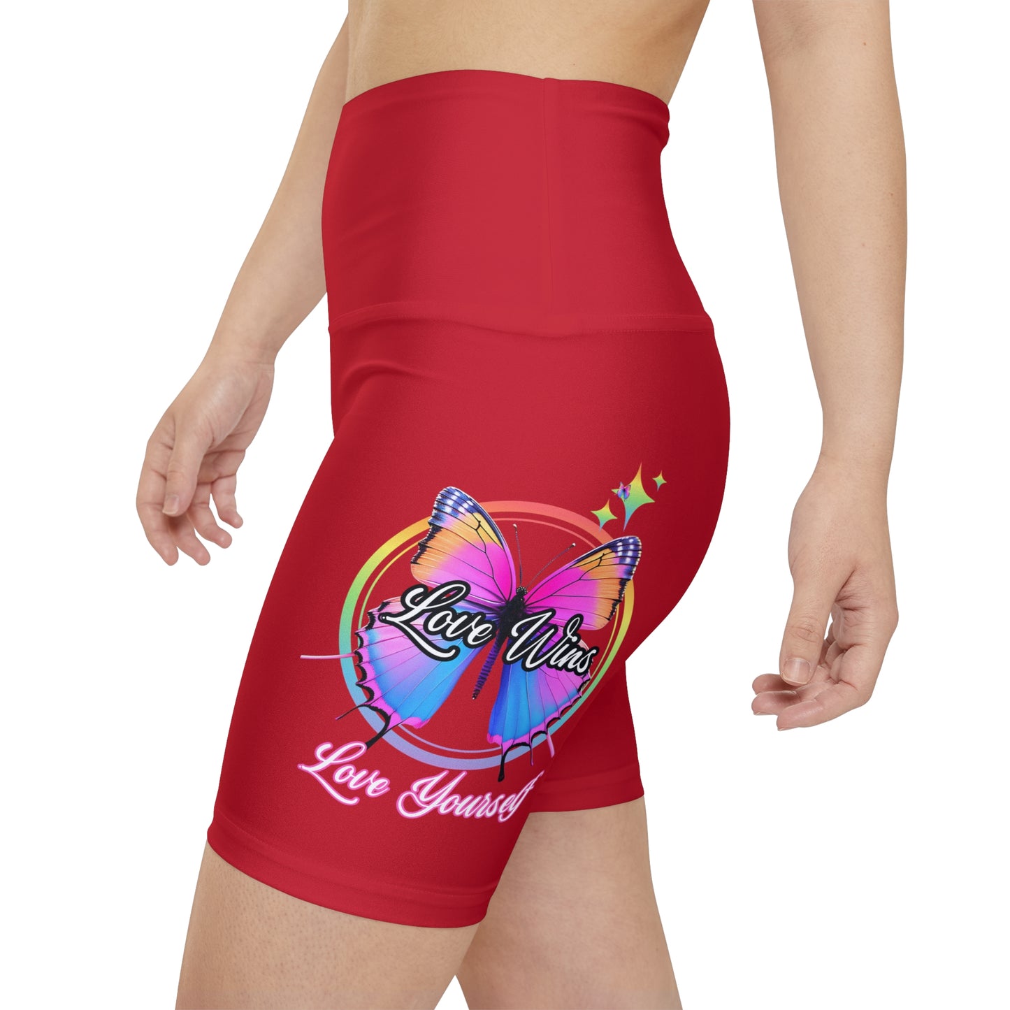 Butterfly Love Yourself High Waist Yoga Shorts (AOP) - Red