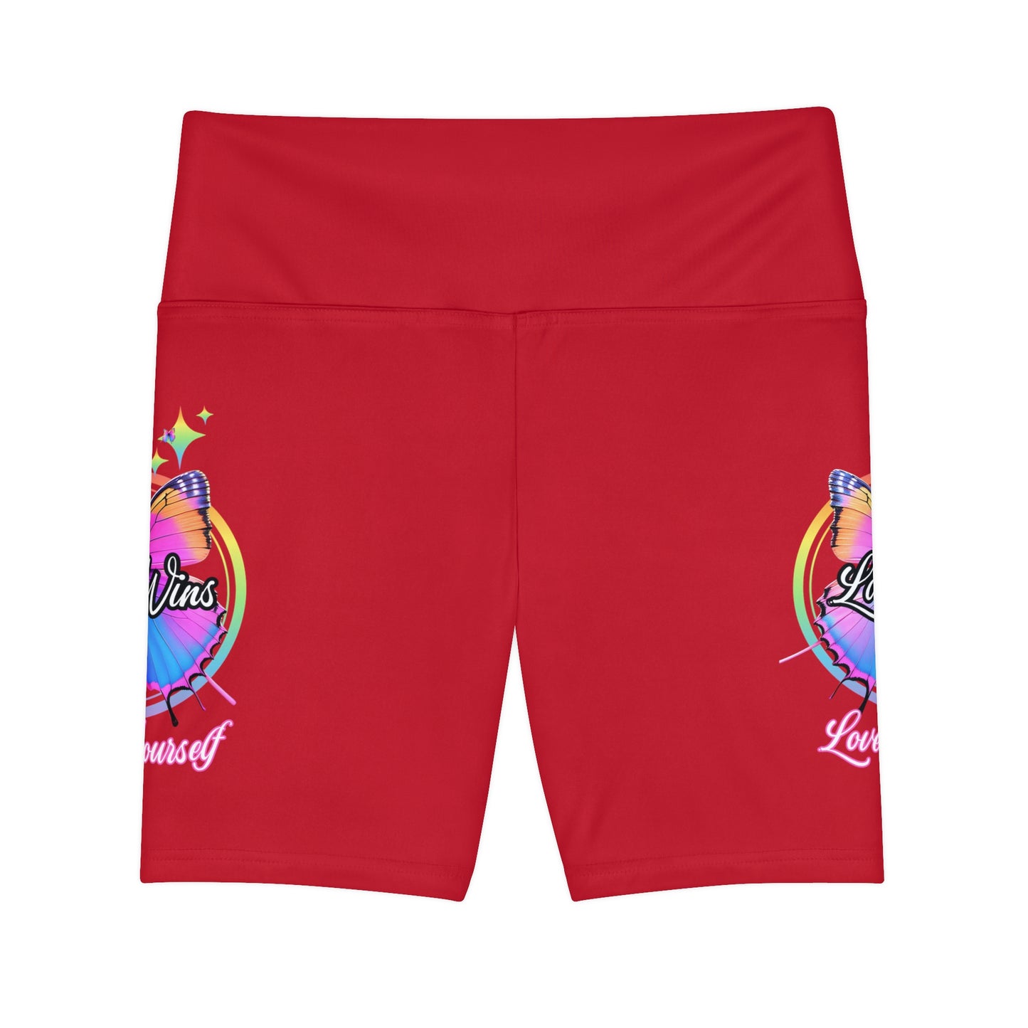 Butterfly Love Yourself High Waist Yoga Shorts (AOP) - Red