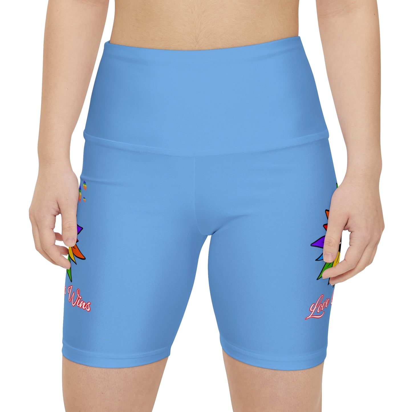 Love Always Wins High Waist Yoga Shorts (AOP) - Light Blue