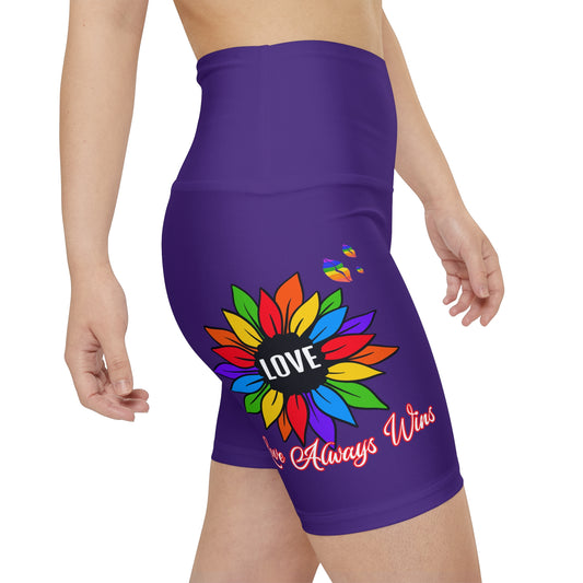 Love Always Wins High Waist Yoga Shorts (AOP) - Purple