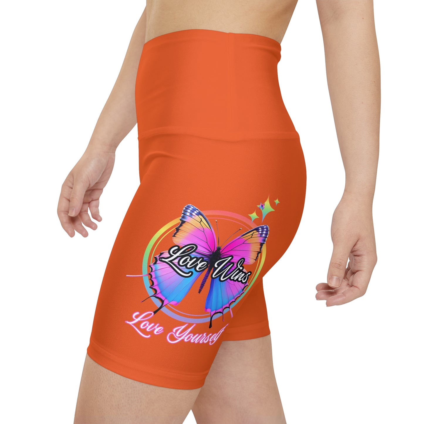 Butterfly Love Yourself High Waist Yoga Shorts (AOP) - Orange