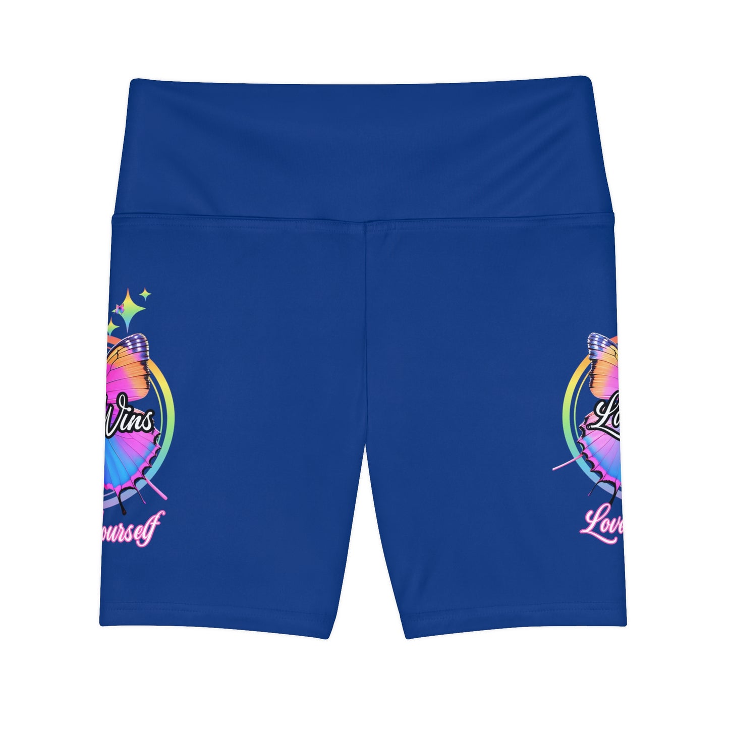 Butterfly Love Yourself High Waist Yoga Shorts (AOP) - Blue