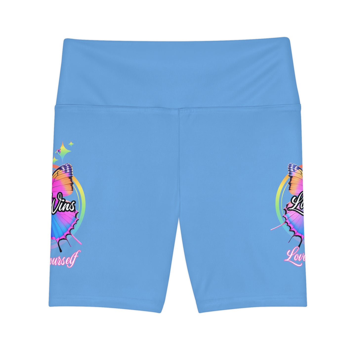 Butterfly Love Yourself High Waist Yoga Shorts (AOP) - Light BLue