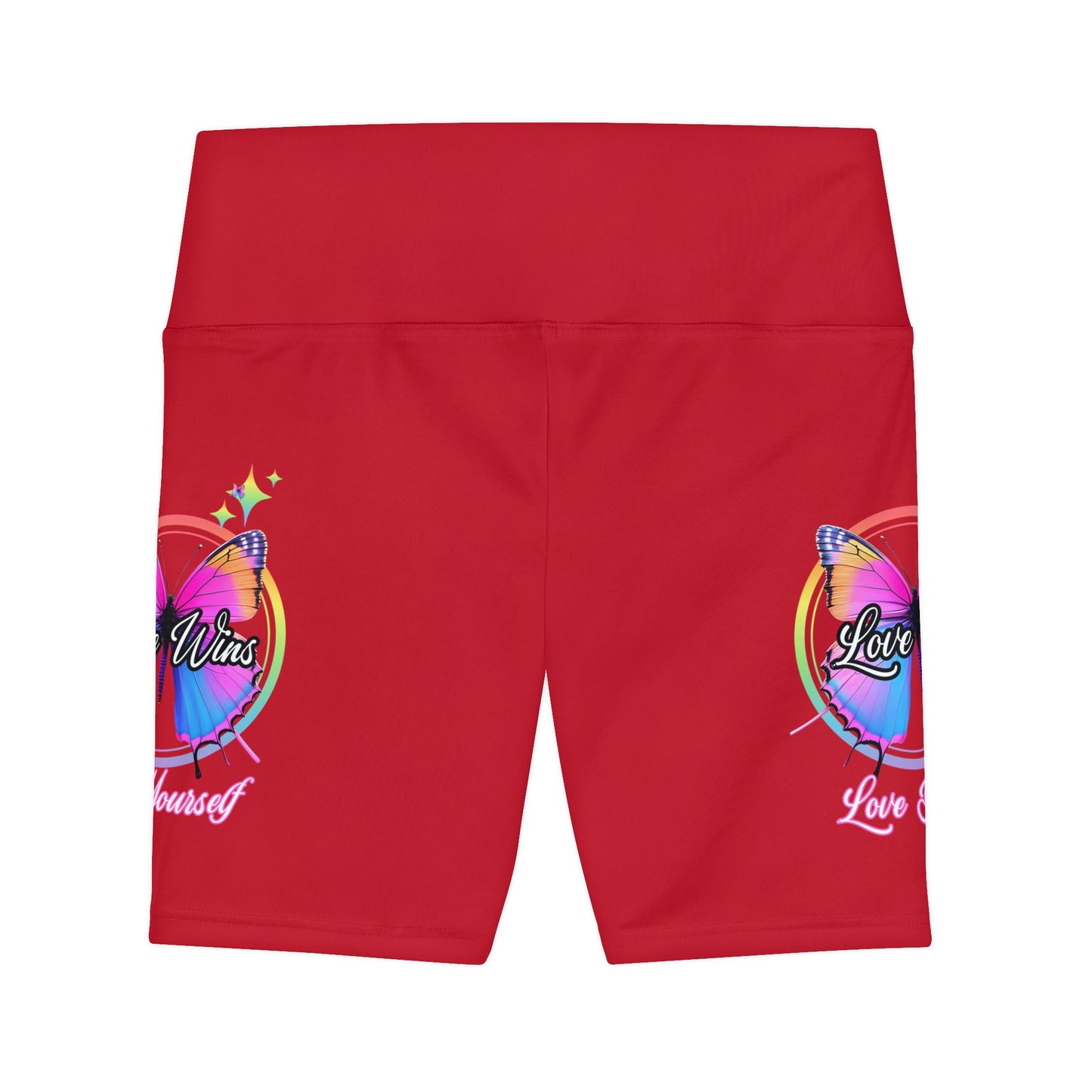 Butterfly Love Yourself High Waist Yoga Shorts (AOP) - Red