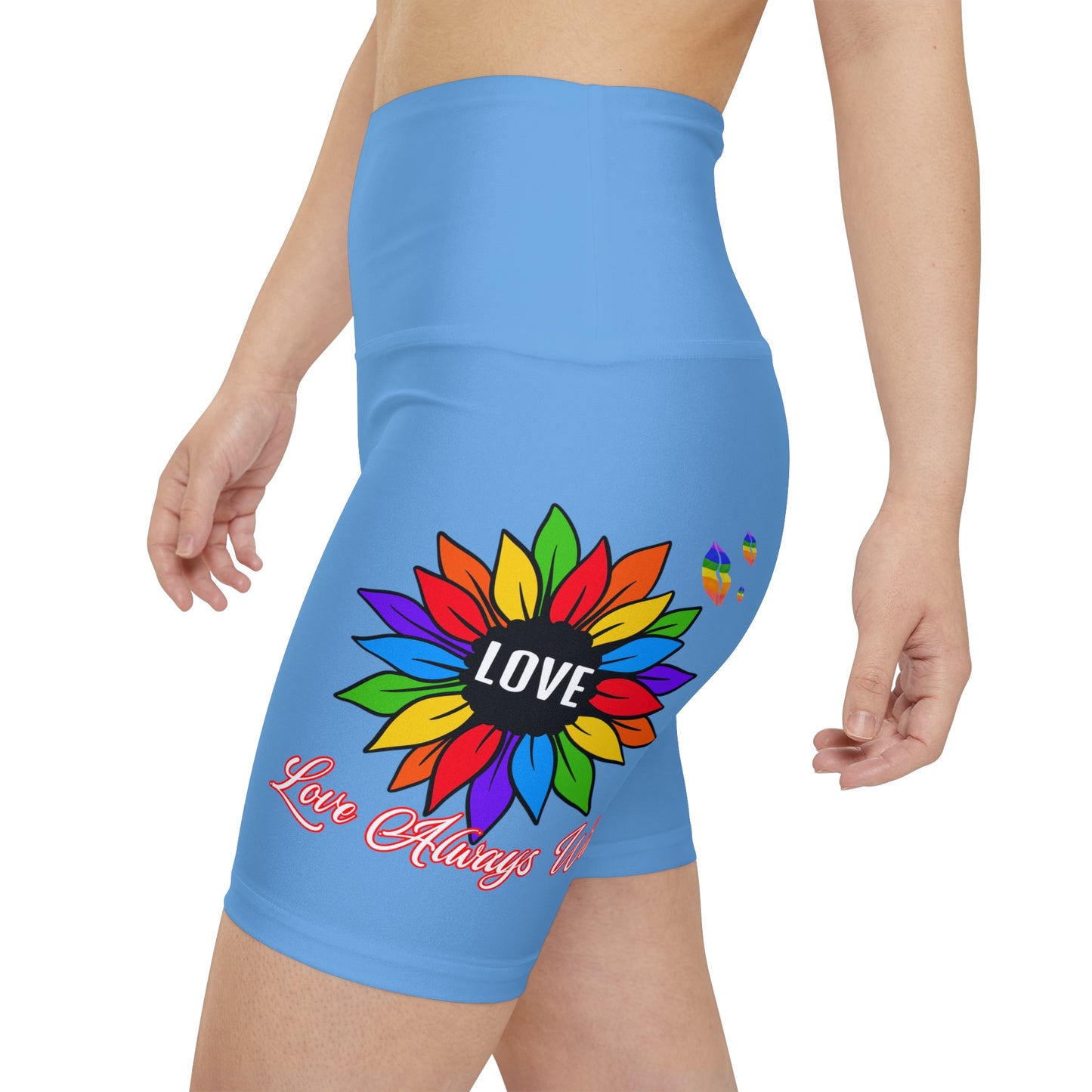 Love Always Wins High Waist Yoga Shorts (AOP) - Light Blue