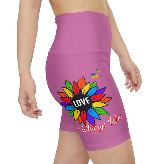 Love Always Wins High Waist Yoga Shorts (AOP) - Pink