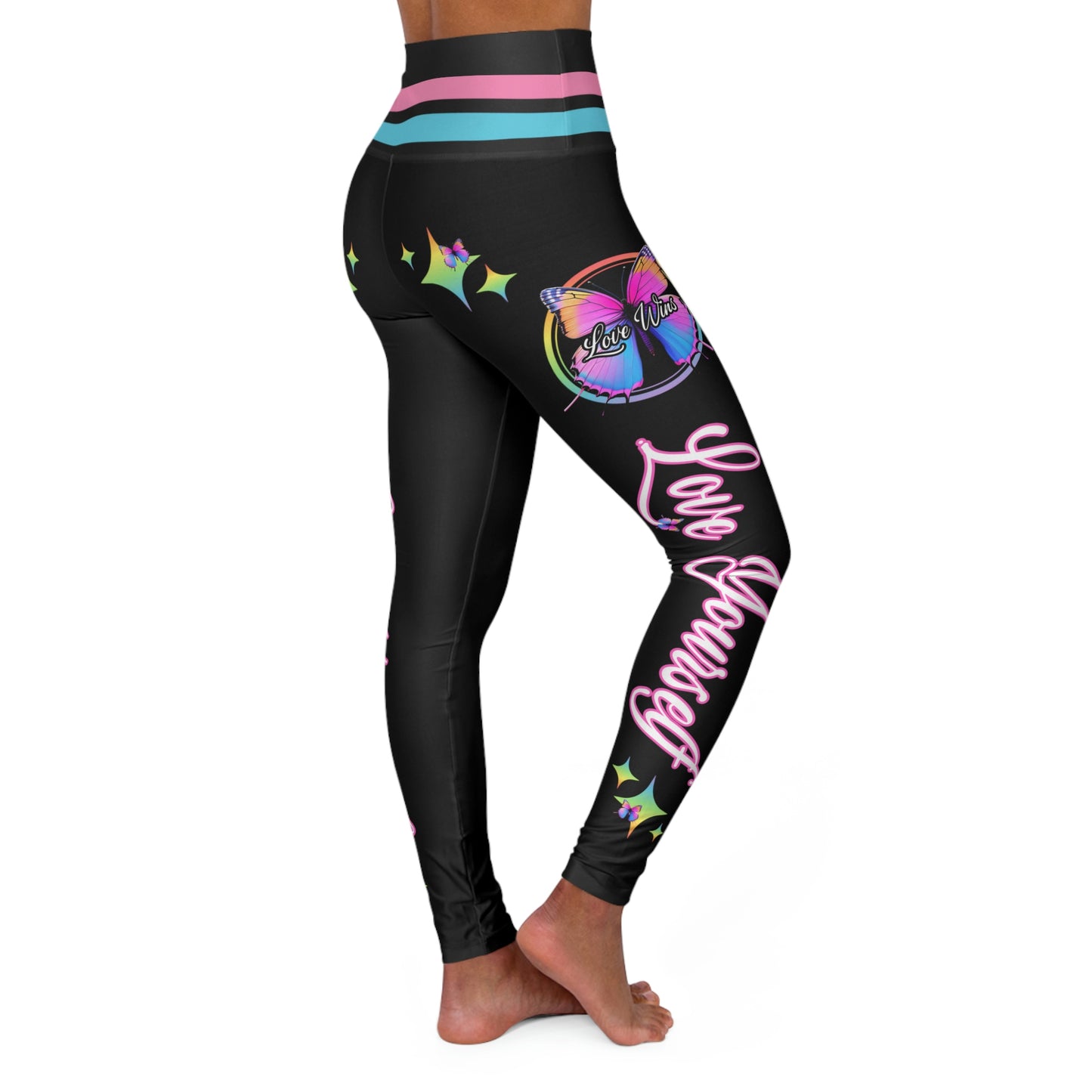 Love Yourself with Butterflies - Trans Flag Colors - High Waisted Yoga Leggings (AOP)