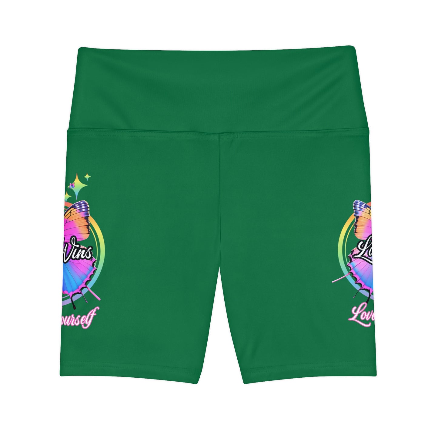 Butterfly Love Yourself High Waist Yoga Shorts (AOP) - Green