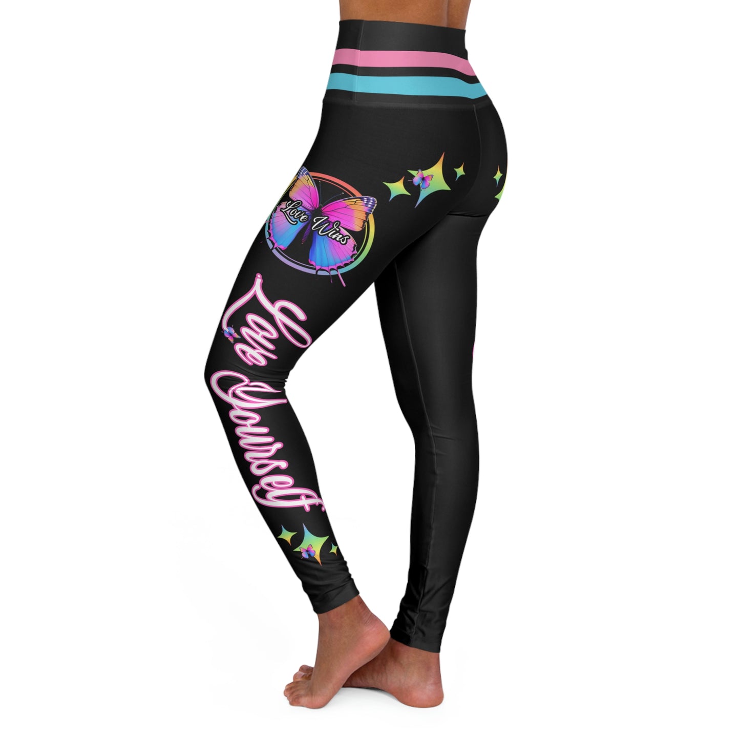 Love Yourself with Butterflies - Trans Flag Colors - High Waisted Yoga Leggings (AOP)