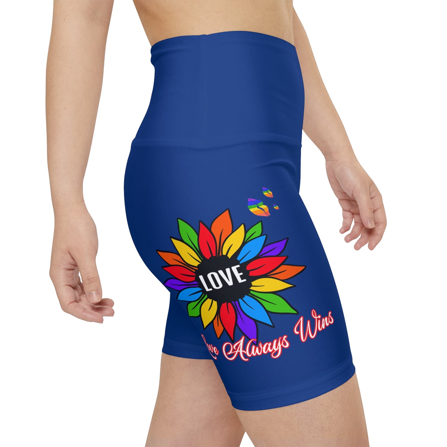 Love Always Wins High Waist Yoga Shorts (AOP) - Blue