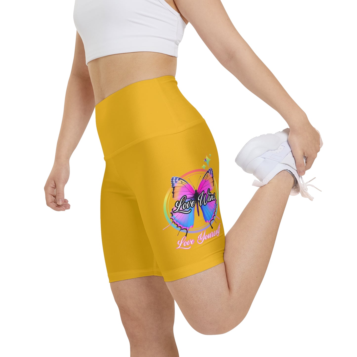 Butterfly Love Yourself High Waist Yoga Shorts (AOP) - Yellow