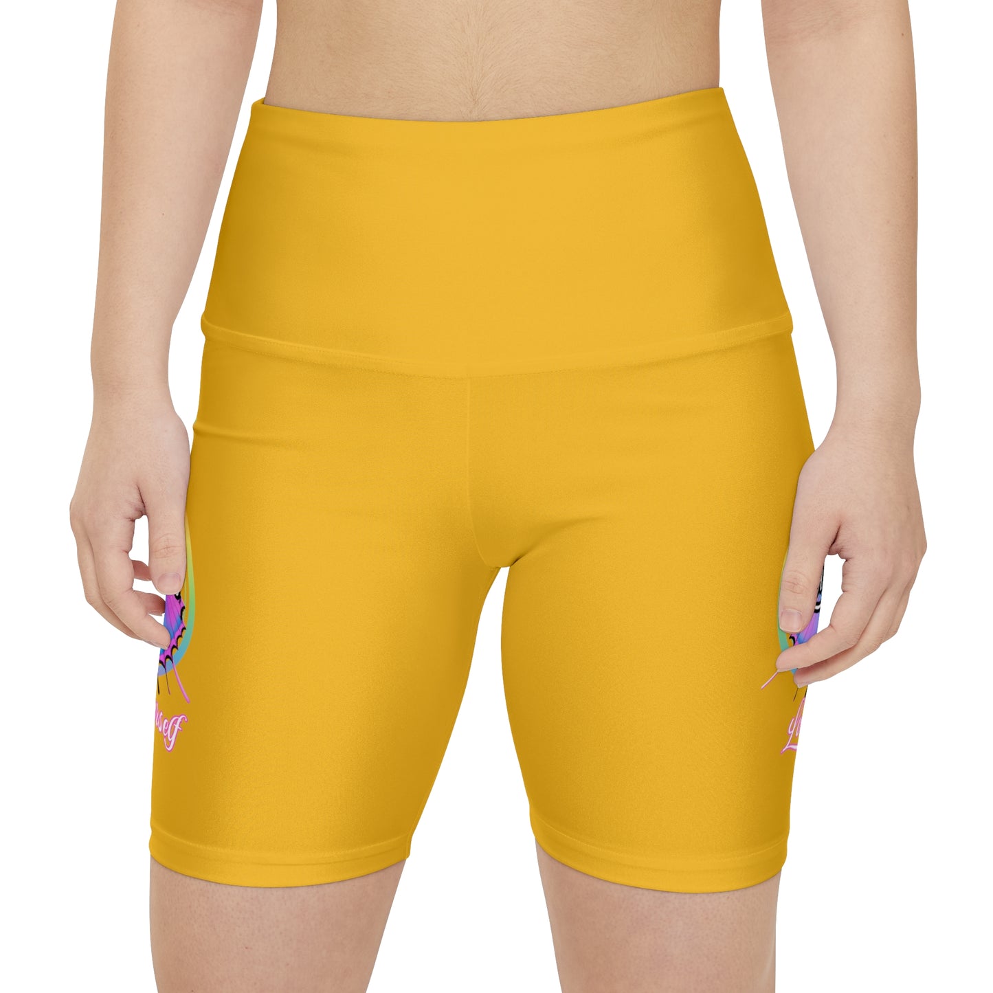 Butterfly Love Yourself High Waist Yoga Shorts (AOP) - Yellow