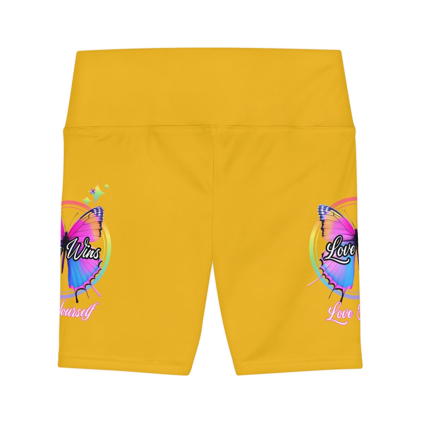 Butterfly Love Yourself High Waist Yoga Shorts (AOP) - Yellow