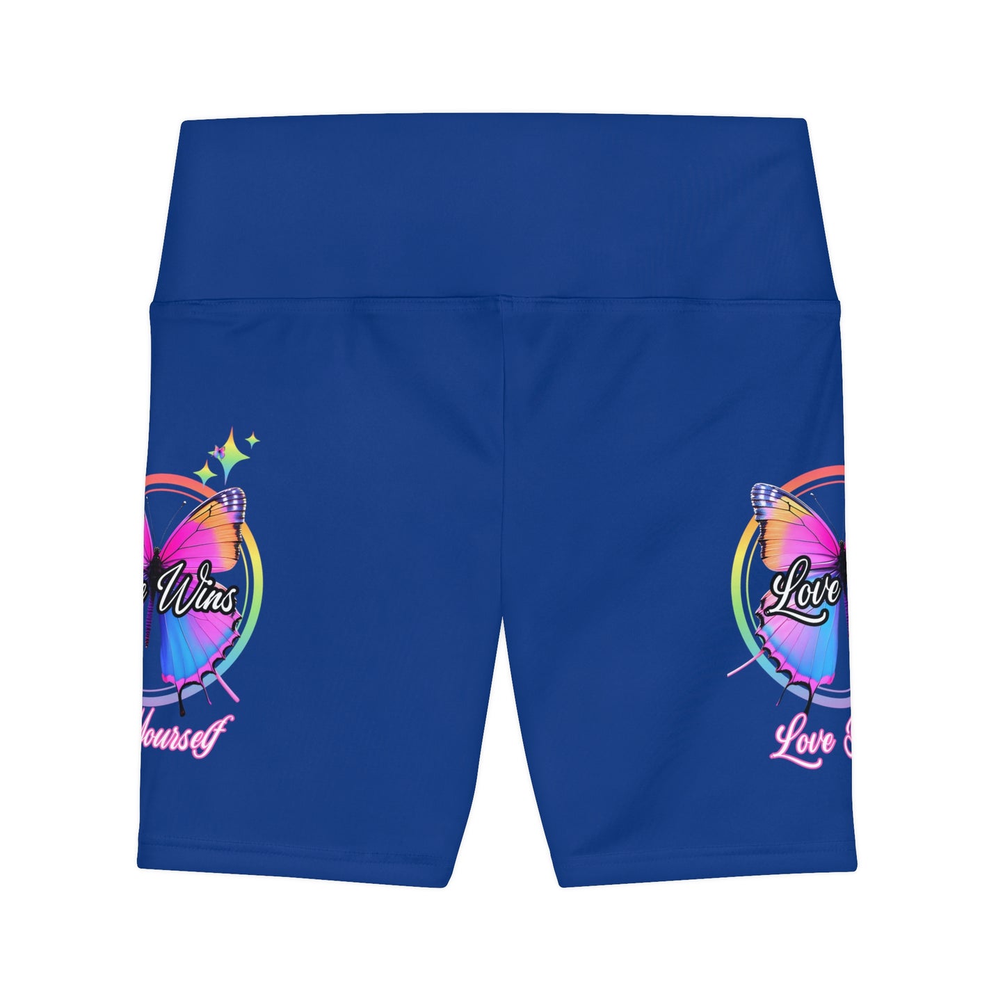 Butterfly Love Yourself High Waist Yoga Shorts (AOP) - Blue