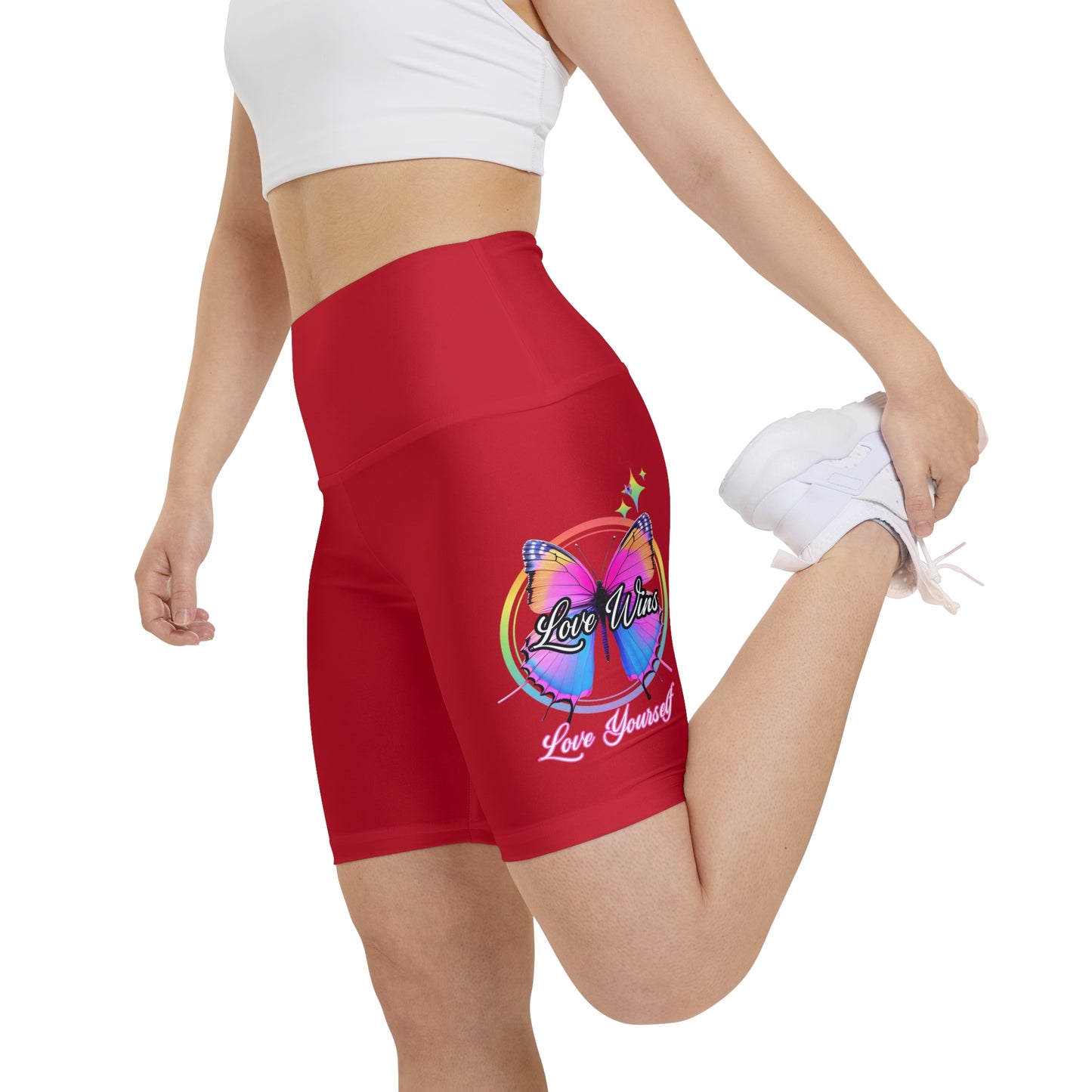 Butterfly Love Yourself High Waist Yoga Shorts (AOP) - Red