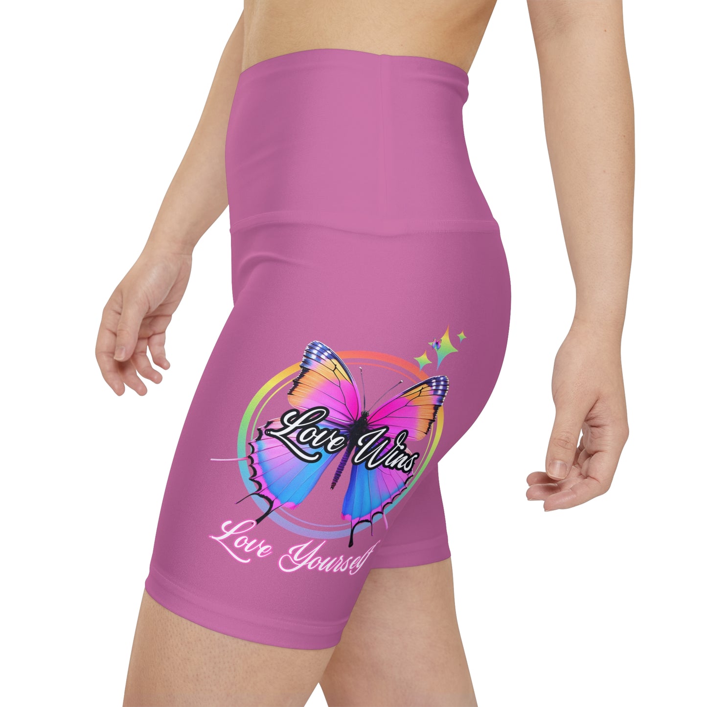 Butterfly Love Yourself High Waist Yoga Shorts (AOP) - Light Pink