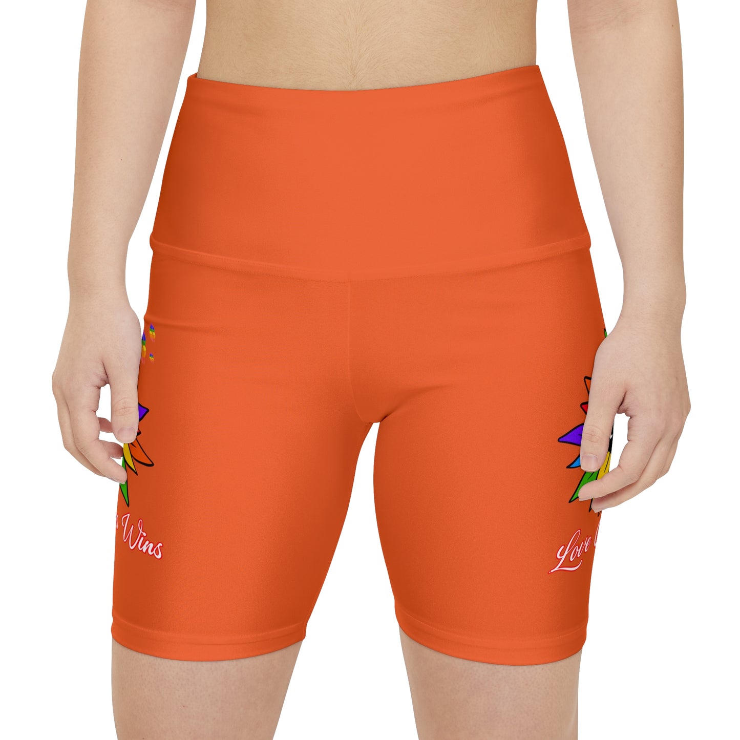 Love Always Wins High Waist Yoga Shorts (AOP) - Orange