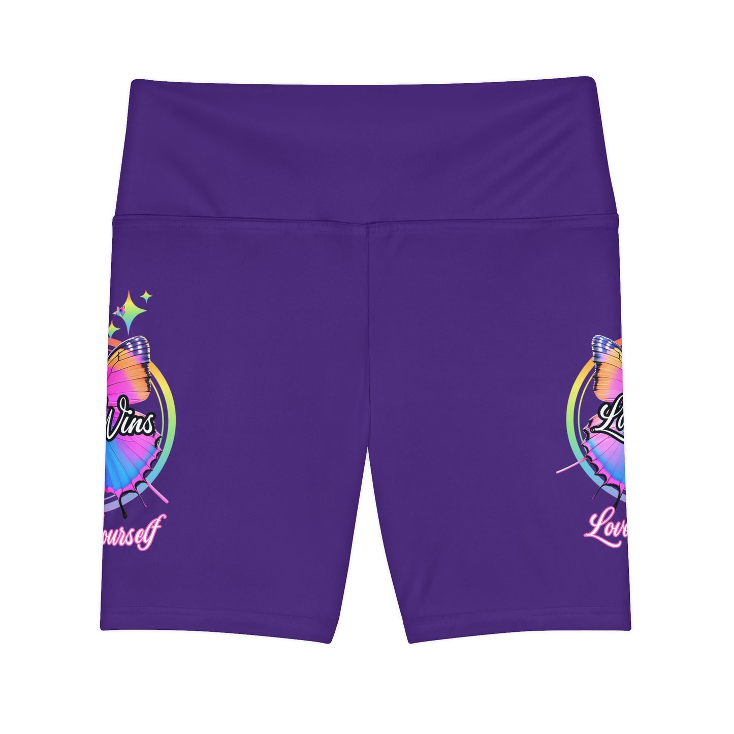 Butterfly Love Yourself High Waist Yoga Shorts (AOP) - Purple