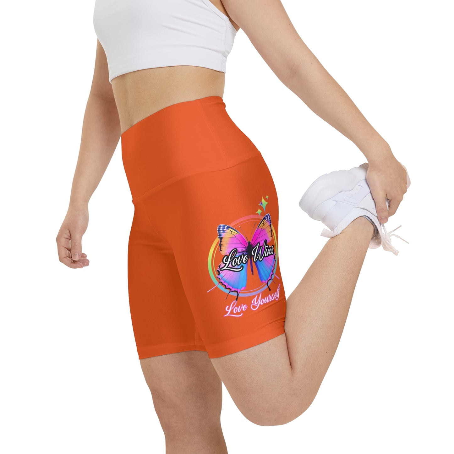 Butterfly Love Yourself High Waist Yoga Shorts (AOP) - Orange