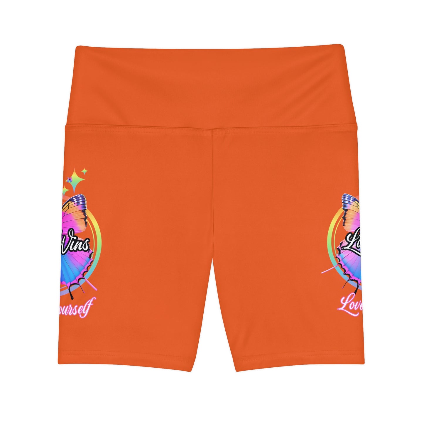 Butterfly Love Yourself High Waist Yoga Shorts (AOP) - Orange