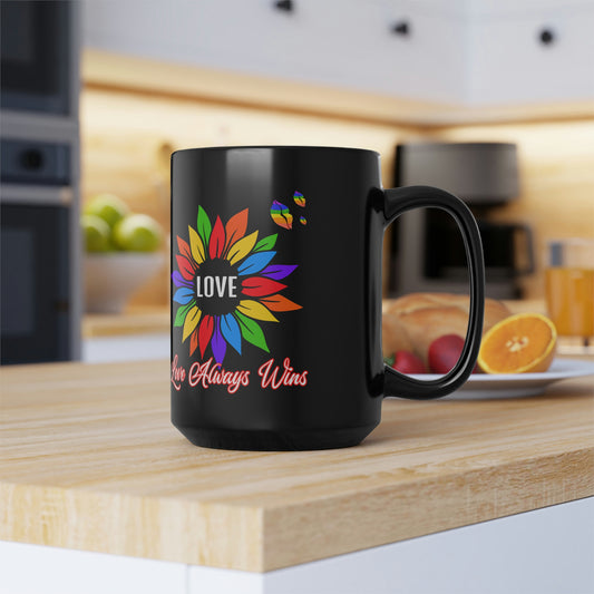 Love Always Wins - Traditional Rainbow - Black Mug, 15oz