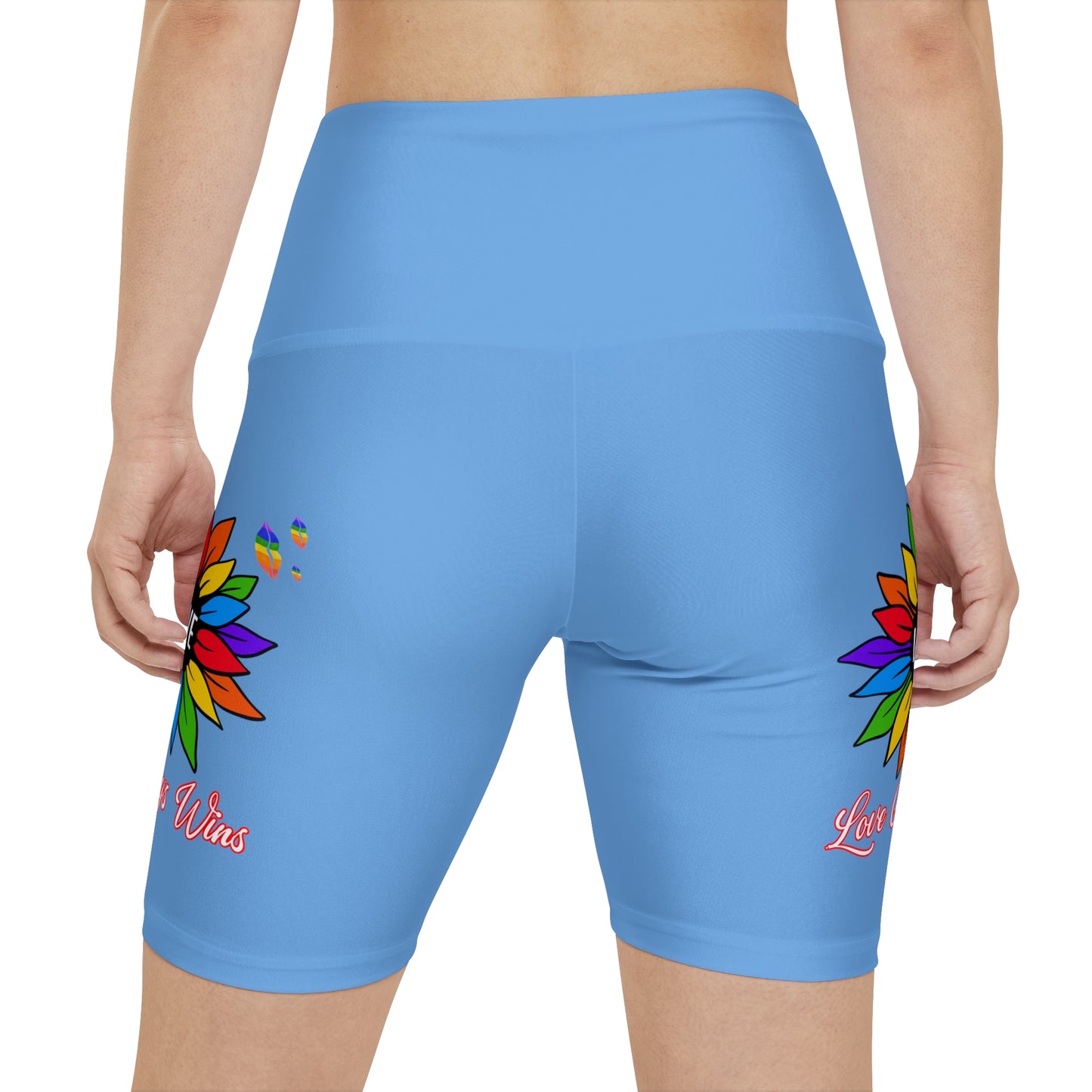 Love Always Wins High Waist Yoga Shorts (AOP) - Light Blue