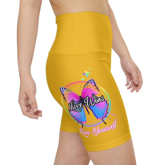 Butterfly Love Yourself High Waist Yoga Shorts (AOP) - Yellow