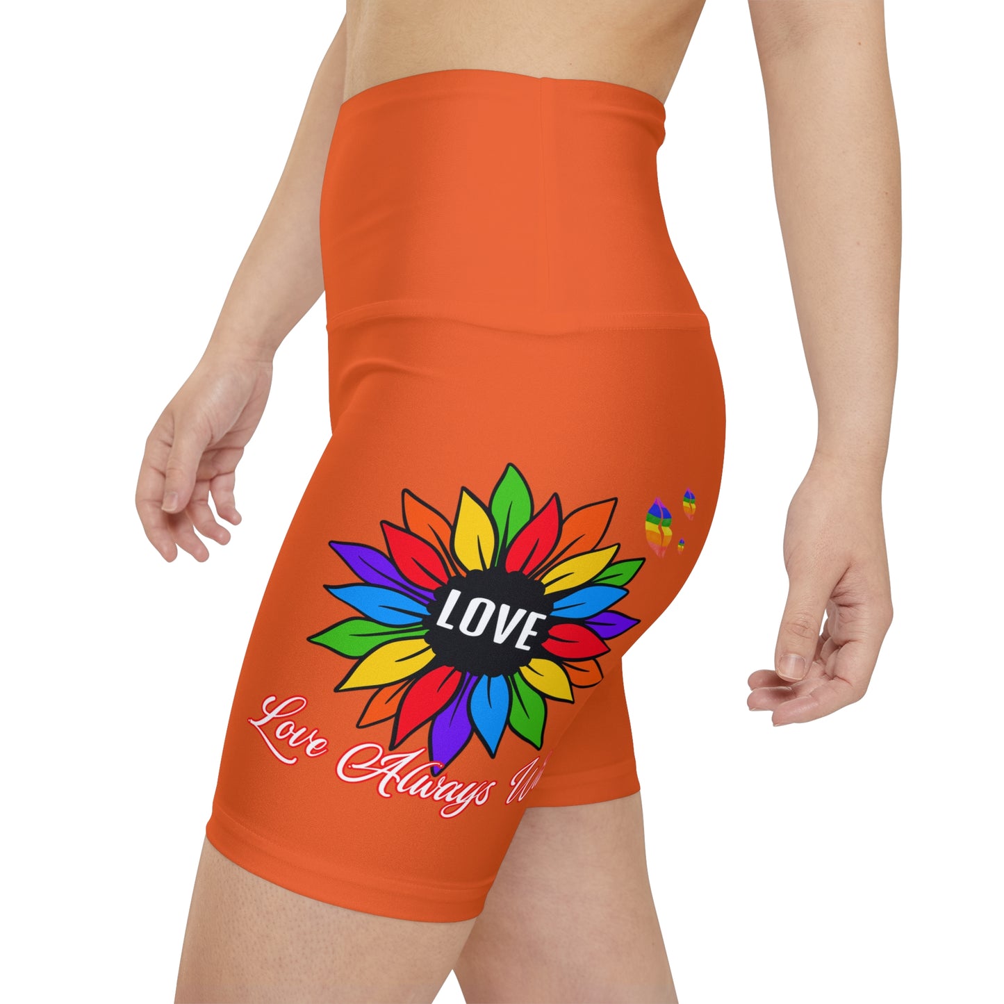 Love Always Wins High Waist Yoga Shorts (AOP) - Orange