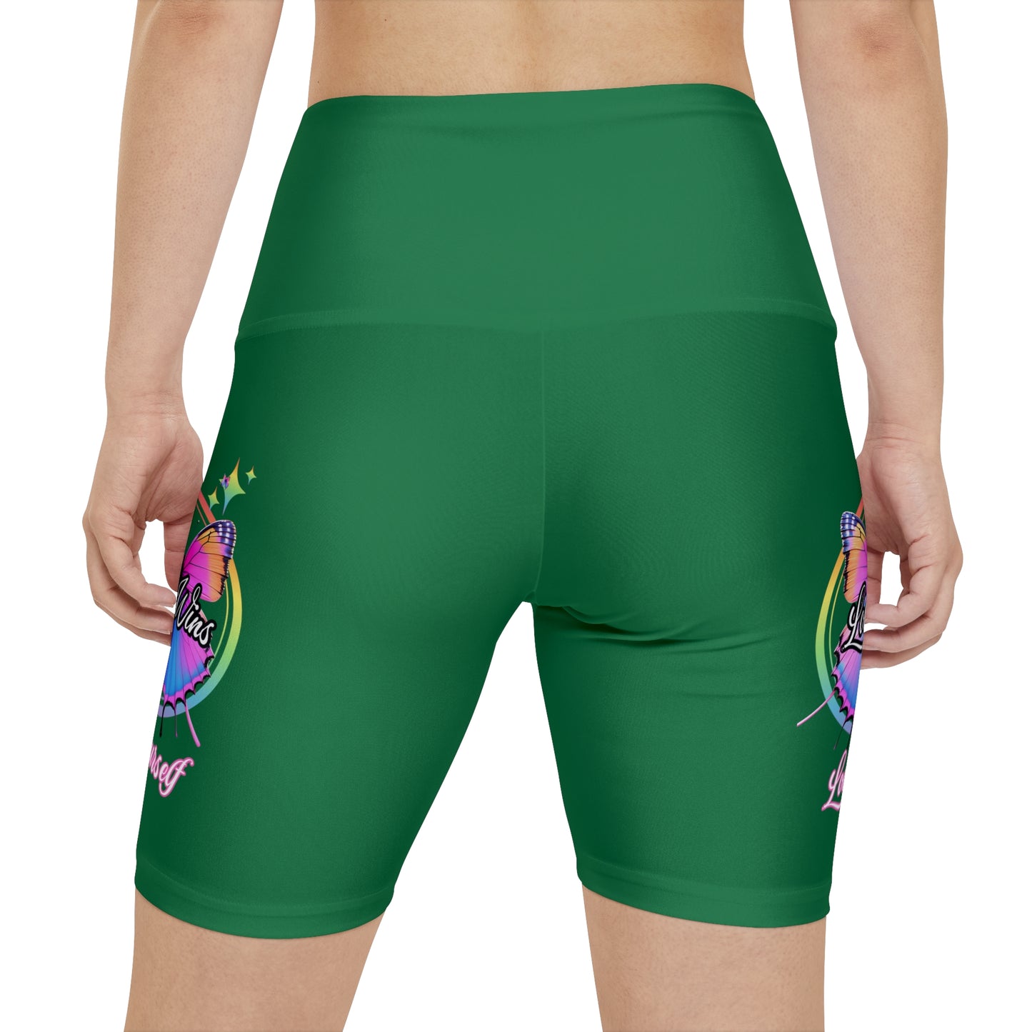 Butterfly Love Yourself High Waist Yoga Shorts (AOP) - Green