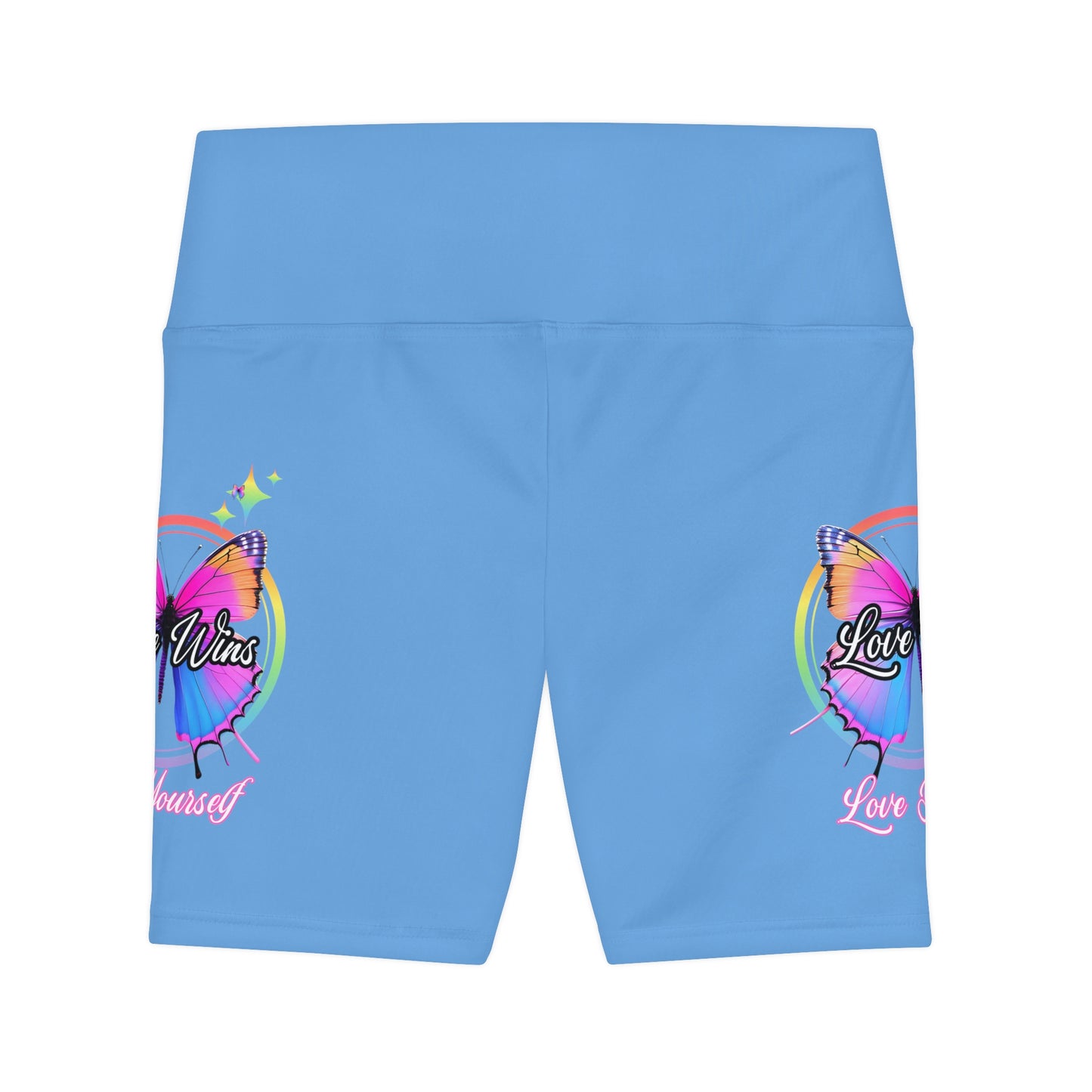 Butterfly Love Yourself High Waist Yoga Shorts (AOP) - Light BLue