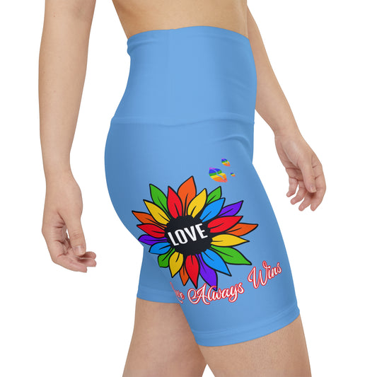 Love Always Wins High Waist Yoga Shorts (AOP) - Light Blue