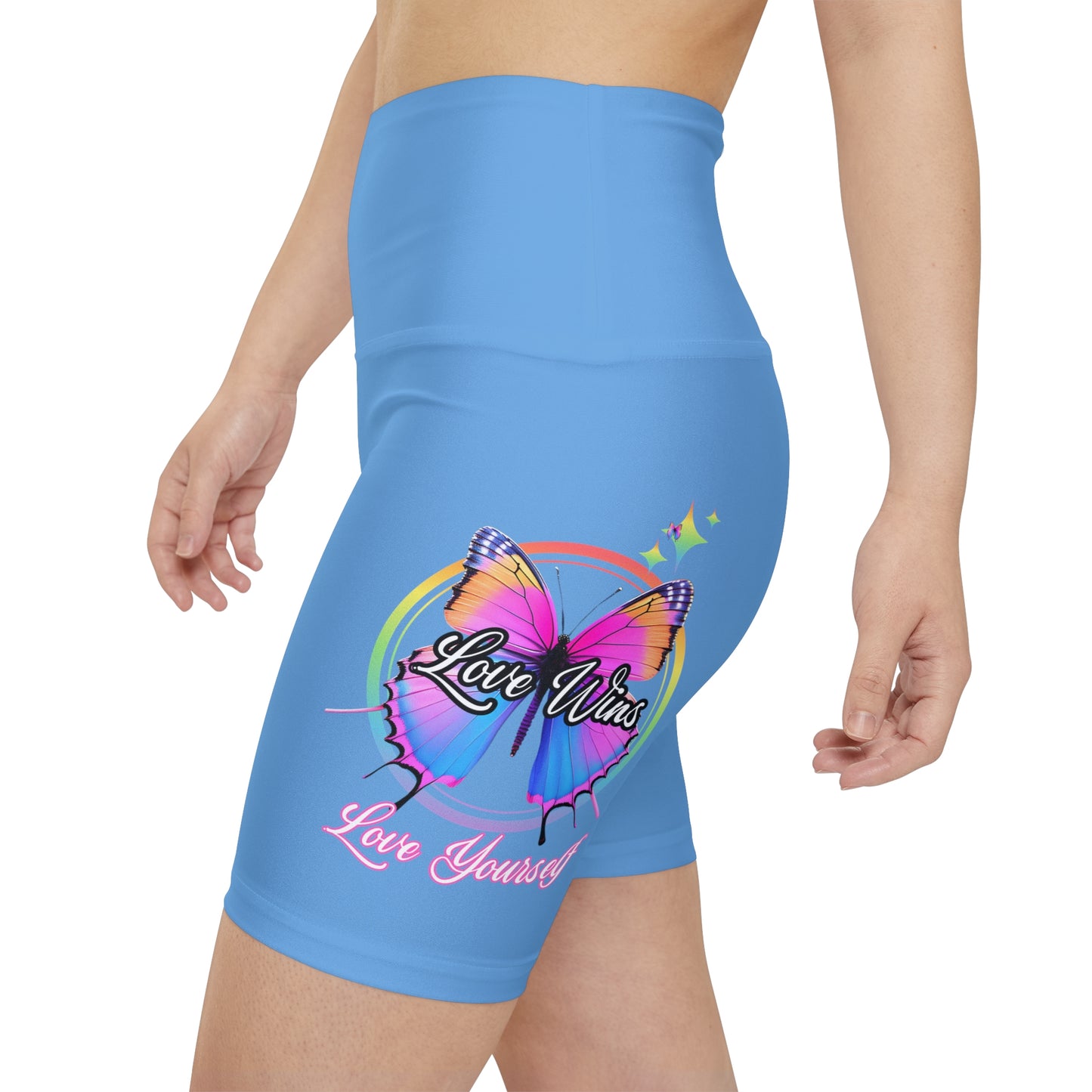 Butterfly Love Yourself High Waist Yoga Shorts (AOP) - Light BLue